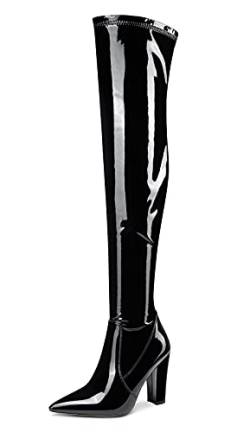 NobleOnly Damen Over-Knee Stiefel Reißverschluss Blockabsatz 10CM High Heels Boots Schwarz Lackleder Schuhe EU 45 von NobleOnly