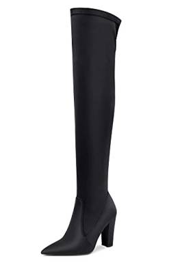 NobleOnly Damen Over-Knee Stiefel Reißverschluss Blockabsatz 10CM High Heels Boots Schwarz Satin Schuhe EU 44 von NobleOnly