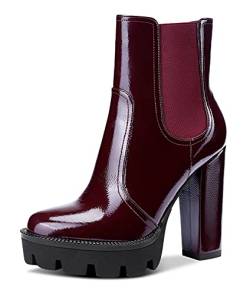 NobleOnly Damen Plattform Mode-Stiefel Knöchelhoch Reißverschluss Chelsea Boots Blockabsatz 12CM High Heels Rot Burgund Lackleder Schuhe EU39 von NobleOnly