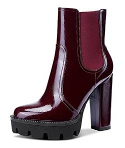 NobleOnly Damen Plattform Mode-Stiefel Knöchelhoch Reißverschluss Chelsea Boots Blockabsatz 12CM High Heels Rot Burgund Lackleder Schuhe EU43 von NobleOnly