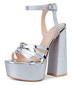 NobleOnly Damen Sandalen Plattform Ankle-Strap Peep-Toes 15CM Blockabsatz High Heels Silber Glitter Schuhe EU 36 von NobleOnly