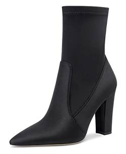 NobleOnly Damen Stiefeletten Reißverschluss Knöchelhoch Blockabsatz 10CM High Heels Stiefel Schwarz Satin Schuhe EU 38 von NobleOnly