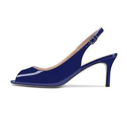 NobleOnly Damen Stiletto Mittlerem Absatz Heel Peep Open Zehenkappe Sandalen Slingback Knöchelriemen Hochzeit Büroschuhe Pumps 6.5 CM Heels Schuhe Navy Blau 40 EU von NobleOnly