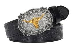 NociHah Herren Western Cowboy Brauner Ledergürtel - Floral gravierte Cowgirl-Gürtel mit Longhorn-Bull-Schnallen als Geschenk für Frauen (Taillenumfang 33"-36") (Schwarz, 39.37Zoll/100CM) von NociHah