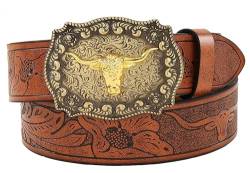 NociHah Herren Western Cowboy Brauner Ledergürtel - Floral gravierte Cowgirl-Gürtel mit Longhorn-Bull-Schnallen als Geschenk für Frauen (Taillenumfang 33"-36") von NociHah