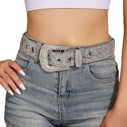 NociHah Silber Strass Gürtel Western Cowgirl Cowboy Gürtel Vintage Bling Kristall Diamant Nieten Ledergürtel für Jean Hosen, silber, 3.8cmx115cm von NociHah