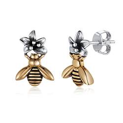 Nofade Silver Bienen-Blumen-Ohrringe für Frauen und Mädchen, 925 Sterlingsilber, umweltfreundliches Messing, Boho Insektenschmuck Hummel Biene Ohrstecker von Nofade Silver