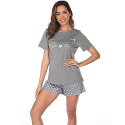 Schlafanzug Damen, Pyjama Damen Lang Baumwolle Zweiteiliger Hausanzug kuschelig Katzendruck und Polka Dot Schlafanzughose Sleepewear Loungewear (as3, alpha, xx_l, regular, regular, Kurzarm Grau) von Nofaner