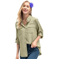 Nogwas Damen Bluse UPF 50+ UV Schnelltrocknend V-Ausschnitt Hemden Langarm Casual Arbeit Oberteile mit Knöpfen Hemd Lose Langarmshirt Einfarbig Tops von Nogwas