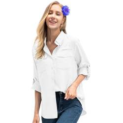 Nogwas Damen Bluse UPF 50+ UV Schnelltrocknend V-Ausschnitt Hemden Langarm Casual Arbeit Oberteile mit Knöpfen Hemd Lose Langarmshirt Einfarbig Tops von Nogwas