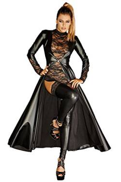 Damen wetlook gothic Mantel in schwarz dehnbar mit Spitze Leder-Imitat lang M von Noir Handmade