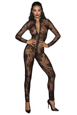.Noir Handmade Schwarzer transparenter Damen Overall aus Tüll Stickerei mit Reißverschluss und Langen Ärmel dehnbar L von .Noir Handmade