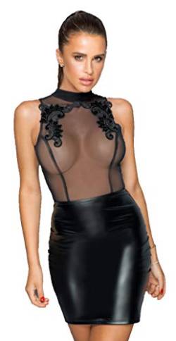 Teiltransparentes Minikleid mit Stickerei ärmellos in schwarz Dessous Kleid mit Wetlook Rock rückenfrei 3XL von Noir Handmade