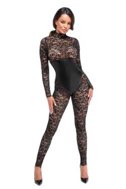 .NoirHandmade Schwarzer Damen Dessous Bodystocking mit Unterbrust-Corsage aus Spitze und Wetlook Material mit Schnürung und 2-Wege Reißbverschluss im Schritt L von .NoirHandmade