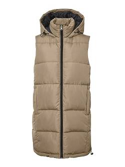 NOISY MAY Damen Lange Puffer Weste | Wattierte Stepp Übergangsjacke ohne Ärmel | mit Kapuze & Zip NMAURORA, Farben:Beige, Größe:34 von Noisy may