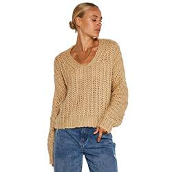 Noisy May Damen Kurzer Strickpullover | Knitted Basic Stretch Sweater | Langarm V-Neck Shirt NMSTEVE, Farben:Creme, Größe:34 von Noisy may