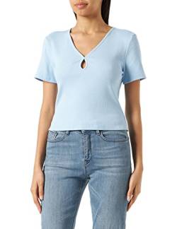 Noisy may Damen Kurzes RIPP Oberteil Slim Fit T-Shirt mit Cut-Out V-Ausschnitt Kurzarm Top NMMAYA, Farben:Blau-3, Größe:L von Noisy may