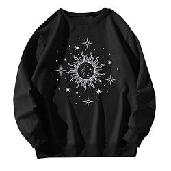 NokHom Damen Rundhalsausschnitt Sweatshirts Casual Langarm Stern Sonne Mond Print Grafik Tee Pullover Tops, Schwarz, S von NokHom