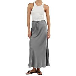 Damen Satin Lang Rock Sommer Kordelzug Maxi Long Rock mit elastischer Taille für Frauen Lässige Midi-Röcke zum Ausgehen (Grau, L) von Nokiwiqis