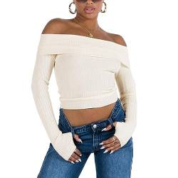 Damen Trendy Sexy Langarmshirt Schulterfrei Crop Top Einfarbig Rippenstrick T Shirt Casual Schlanke Passform Pulli Oberteil (Beige, S) von Nokiwiqis