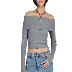 Damen Trendy Sexy Langarmshirt Schulterfrei Crop Top Einfarbig Rippenstrick T Shirt Casual Schlanke Passform Pulli Oberteil (Grau, S) von Nokiwiqis