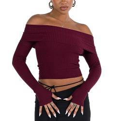 Damen Trendy Sexy Langarmshirt Schulterfrei Crop Top Einfarbig Rippenstrick T Shirt Casual Schlanke Passform Pulli Oberteil (Wein Rot, L) von Nokiwiqis