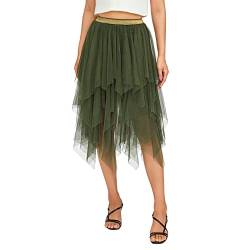 Damen Tüllrock Casual Hoch Niedrig Asymmetrisch Tutu Röcke Elastische Hohe Taille Geschichtet Tutu Rock Mesh A-Linie Cocktail Party Midi Rock (Grün, L) von Nokiwiqis