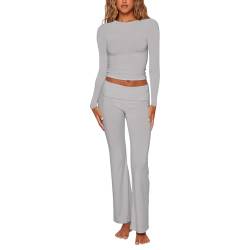 Nokiwiqis Damen 2 Stück Outfit Set Langarm Crop Top und schmal geschnittene lange Hose Zweiteiler Lounge Set Yoga Trainingsanzug Jogginganzug (Hellgrau, S) von Nokiwiqis