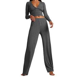 Nokiwiqis Damen 2 Stück Strick Outfits Sexy Langarm V-Ausschnitt Crop Top Hohe Taille Elastische Hosen Zweiteiler Trainingsanzug Loungewear Set Freizeitanzug (Dunkelgrau, M) von Nokiwiqis