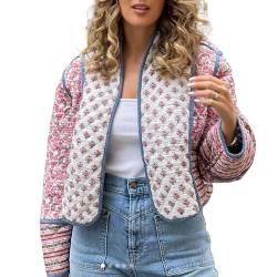 Nokiwiqis Damen Cropped Puffer Jacke Vintage Floral Open Front Puffy Cardigan Mantel Leichte Langarm Gepolstert Steppjacke Kurz Pufferjacke Oberbekleidung (Rosa, L) von Nokiwiqis