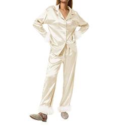 Nokiwiqis Damen Federn Silk Satin Pyjama Set Langarm V-Ausschnitt Knopfleiste Oberteile und Hose Solide Schlafanzug Hausanzug Zweiteiliger Nachtwäsche Loungewear (Champagne, M) von Nokiwiqis