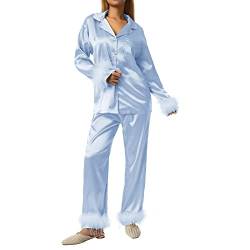 Nokiwiqis Damen Federn Silk Satin Pyjama Set Langarm V-Ausschnitt Knopfleiste Oberteile und Hose Solide Schlafanzug Hausanzug Zweiteiliger Nachtwäsche Loungewear (See blau, M) von Nokiwiqis