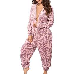 Nokiwiqis Damen Fleece Einteiler Overall Schlafanzug Blumen Print Flauschig Plüsch Jumpsuit Pyjama Mit Kapuzen Winter Warm Onesie Nachtwäsche Loungewear Hausanzug (Rosa Streifen, L) von Nokiwiqis