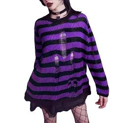 Nokiwiqis Damen Gothic Zerrissene Pullover Striped Oversize Hohlloch Strickpullover Langarm Rundhals Goth Punk Grunge Oberteile Jumper Tops (Lila, S) von Nokiwiqis