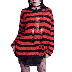 Nokiwiqis Damen Gothic Zerrissene Pullover Striped Oversize Hohlloch Strickpullover Langarm Rundhals Goth Punk Grunge Oberteile Jumper Tops (Rot, L) von Nokiwiqis