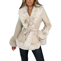 Nokiwiqis Damen Lederjacke mit Gürtel Langarm Verdickter Fleece Kunstleder Mantel Dicken Warme Strickjacke Kragen Manschetten Plüschjacke Outwear (Beige, M) von Nokiwiqis