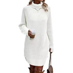 Nokiwiqis Damen Rollkragen Strickkleid Elegant Langarm Pulloverkleid Warme Winterkleid Pullikleid Herbst Winter Strickpullover Weich Freizeitkleid (Weiß Stil2, L) von Nokiwiqis