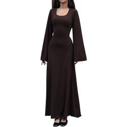 Nokiwiqis Damen Strickkleid Pulloverkleid Langarm U Ausschnitt Lang Kleid Elegant Winterkleider Figurbetontes Kleid Mit Rippenstrick Herbst Winter Strick Maxikleid (Braun, M) von Nokiwiqis