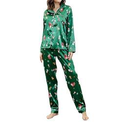 Nokiwiqis Damen Weihnachten Satin Lang Pyjama Set Zweiteiliger Schlafanzug Sleepwear Langarm Knopfleiste Oberteil und Hose Pjs Set Hausanzug Nachtwäsche (Grün, S) von Nokiwiqis