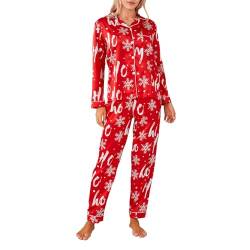 Nokiwiqis Damen Weihnachten Satin Lang Pyjama Set Zweiteiliger Schlafanzug Sleepwear Langarm Knopfleiste Oberteil und Hose Pjs Set Hausanzug Nachtwäsche (Rot Schneeflocke, S) von Nokiwiqis