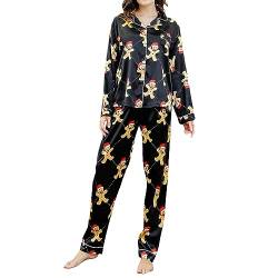 Nokiwiqis Damen Weihnachten Satin Lang Pyjama Set Zweiteiliger Schlafanzug Sleepwear Langarm Knopfleiste Oberteil und Hose Pjs Set Hausanzug Nachtwäsche (Schwarz, M) von Nokiwiqis