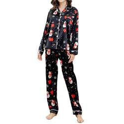 Nokiwiqis Damen Weihnachten Satin Lang Pyjama Set Zweiteiliger Schlafanzug Sleepwear Langarm Knopfleiste Oberteil und Hose Pjs Set Hausanzug Nachtwäsche (Schwarzer Schneemann, M) von Nokiwiqis