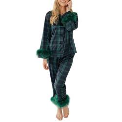 Nokiwiqis Damen Weihnachten Satin Pyjama Set mit Federn Langarm V-Ausschnitt Knopfleiste Oberteile und Hose Seide Schlafanzug Zweiteiliger Nachtwäsche Loungewear Hausanzug (Grün, M) von Nokiwiqis