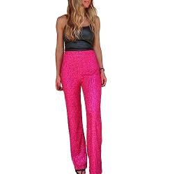 Nokiwiqis Damen Weitbein Pailletten Hosen Glitzer Hose mit hoher Taille Freizeit Elegant Glitzerhosen Lose Fit Funkelnd Glockenboden Hosen Yoga Leggings Streetwear (Rose Rot, M) von Nokiwiqis