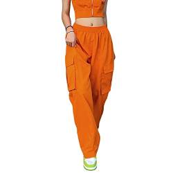 Nokiwiqis Damen Y2k Baggy Cargohose Teenager Mädchen High Waist Cargo Parachute Pants mit Multi Taschen Weites Bein Track Pants Sport Hose Streetwear (Orange, L) von Nokiwiqis