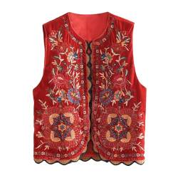 Nokiwiqis Damen Y2k Floral Bestickte Weste Top Vintage Open Front Boho Cardigan Gilet Casual Ärmellos Cropped Weste Oberbekleidung (Rot, M) von Nokiwiqis