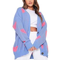 Nokiwiqis Damen Y2k Herz Blumen Print Strickjacke Strickpullover Langarm V-Ausschnitt Button Down Gestrickte Pullover Herbst Winter Warm Cardigan Strickmantel (Blau Herz, One Size) von Nokiwiqis