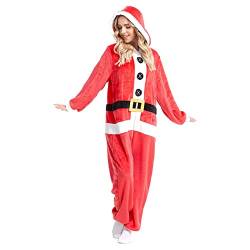 Nokiwiqis Unisex Erwachsenen Weihnachten Flanell Onesie Weihnachtsmann Kostüm Langarm Jumpsuit mit Kapuze Overall Pyjama Schlafanzug für Damen Herren Cosplay (Rot, L) von Nokiwiqis