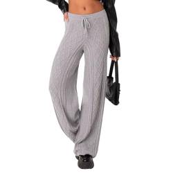 Strickhose Damen Solid Rhombus Rippstrick Weite Bein Hose Elastische Taille Pullover Hose Stretch Lang Gerade Hosen Freizeithose Loungehose (Grau, S) von Nokiwiqis