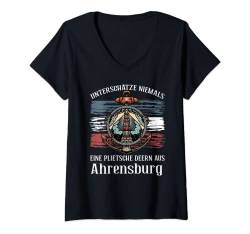 Damen Unterschätze niemals eine Plietsche Deern aus Ahrensburg T-Shirt mit V-Ausschnitt von Norddeutscher Humor Geschenkideen für Norddeutsche